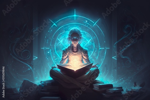 Eine Person in einer meditativen Pose auf einer Yoga-Matte mit geschlossenen Augen und symbolischen Elementen im Hintergrund, was die Verbindung von Yoga und Esoterik darstellt. (Generative AI)