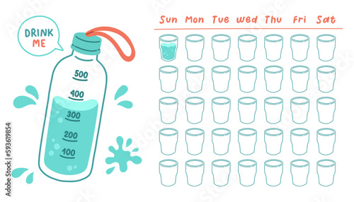 Water balance tracker. 5 glasses per day. Glasses with water. Colored flat vector illustration isolated on white