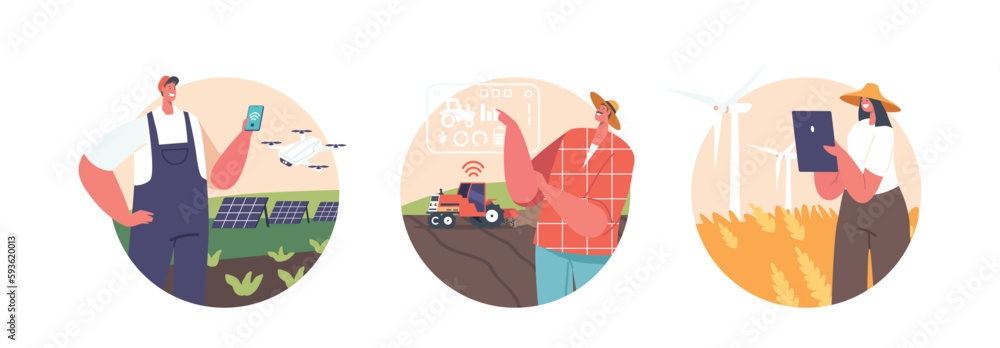Fototapeta premium Farmers Male And Female Characters Work On Smart Technological Farm Isolated Round Icons Or Avatars, Vector Illustration
