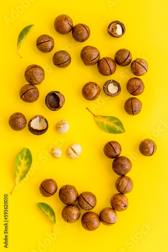 Pile of raw macadamia nuts with leaves. Healthy protein snack background