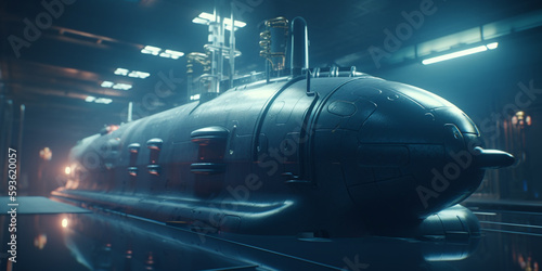 Futuristic Submarine in Underwater Hangar with Blue Light Effects