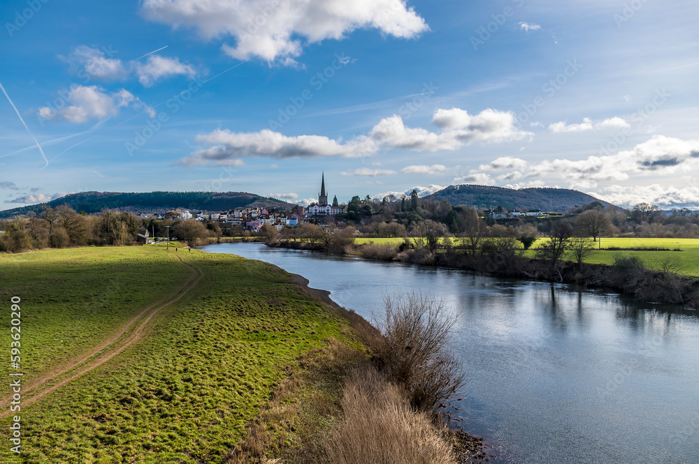 A view of River Wye and floodplain before the town of Ross on Wye, England on a sunny day