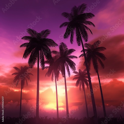 Tropical palm trees sillouhettes against a purple, pink and orange sunset sky. A.I. Generated  © JPDC