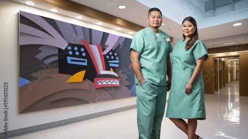 Two Native American doctors in a hospital hallway by generative AI