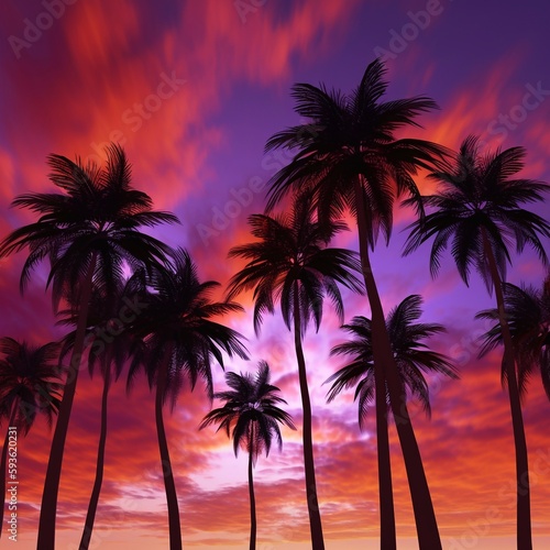 Tropical palm trees sillouhettes against a purple, pink and orange sunset sky. A.I. Generated  © JPDC