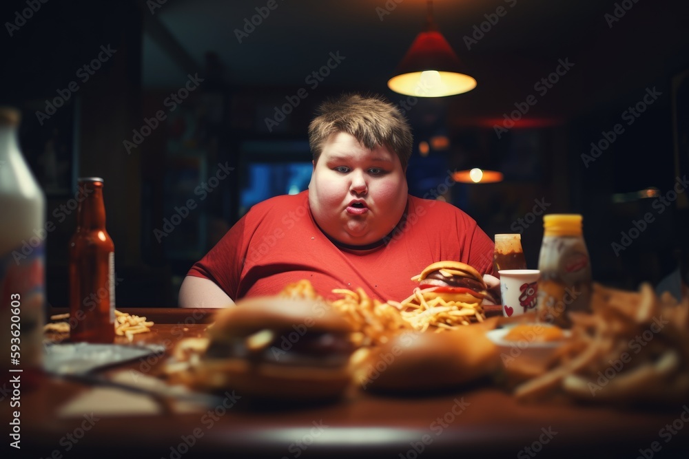 Exaggerated Presentation Of A Greedy Fat Boy Eating Fast Food Or Junk Meal In A Fast Food