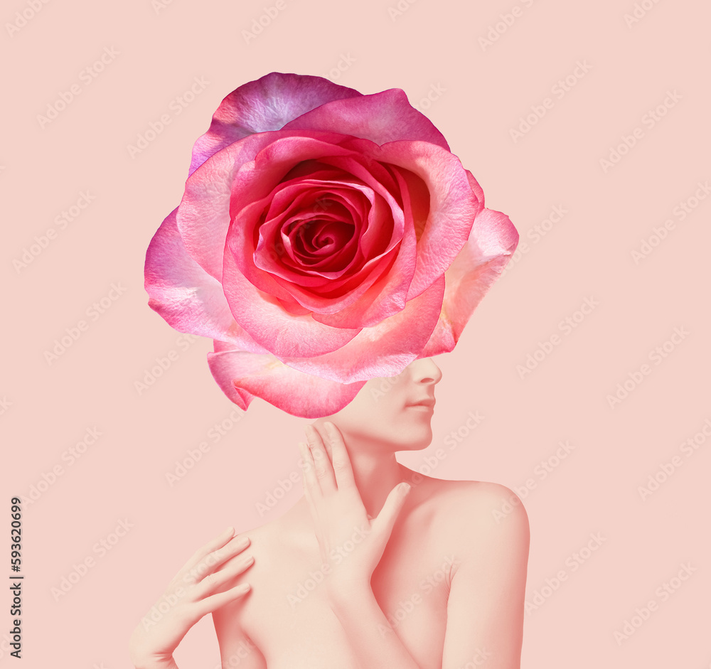 Abstract contemporary art collage portrait of young woman with flowers on face hides her eyes