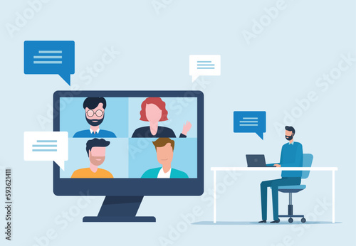 vector business smart working with online video conference meeting concept and business team working from anywhere with internet wireless technology. businessman working with a computer monitor. 