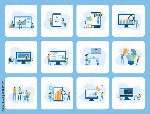 Set business Flat vector illustration design concept teamwork activities of business people. analysis team. video online conference. create an online store. technology internet education.
cartoon char