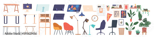 Set of Designer Tools, Furniture and Devices. Different Types of Desks, Chairs and Shelves, Tablet, Computer Monitor