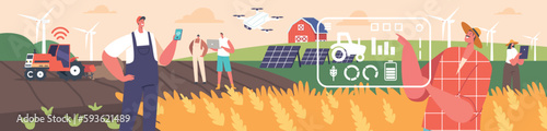 Farmers Male And Female Characters Work On Smart Technological Farm With Iot Tech Employs Advanced Technology