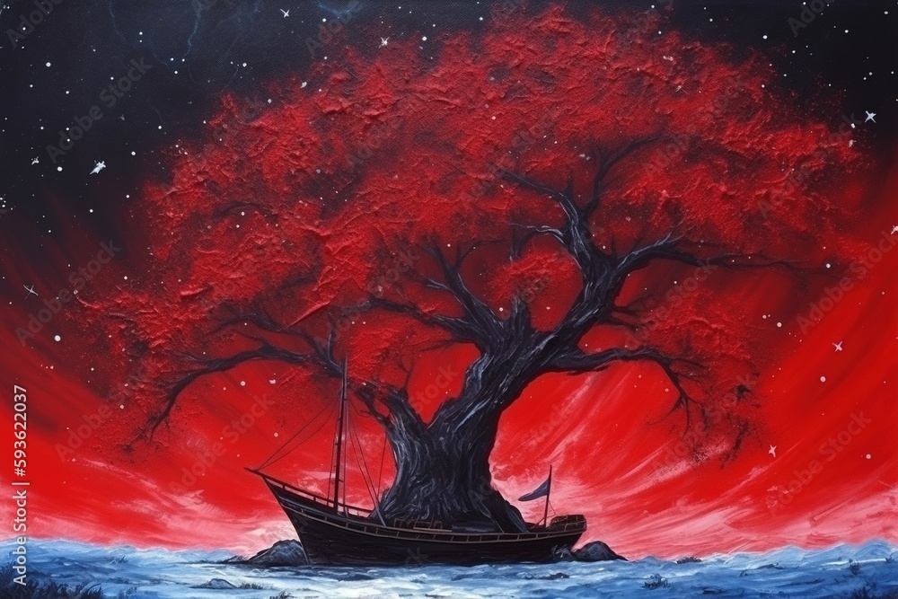 Red ship sails beautiful tree in space across starry sky 