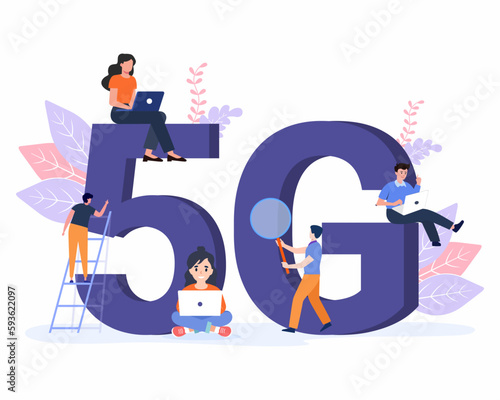 Tiny people sitting and standing near giant 5G mobile internet concept of 5G wireless network High speed of new generation.