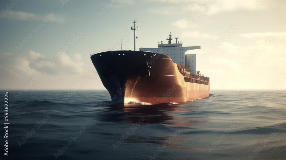 Fototapeta premium A wide-lens view of a huge shipping cargo ship in the open sea. The ship is carrying a commercial container to a predetermined destination. The ocean looks calm and the weather is good
