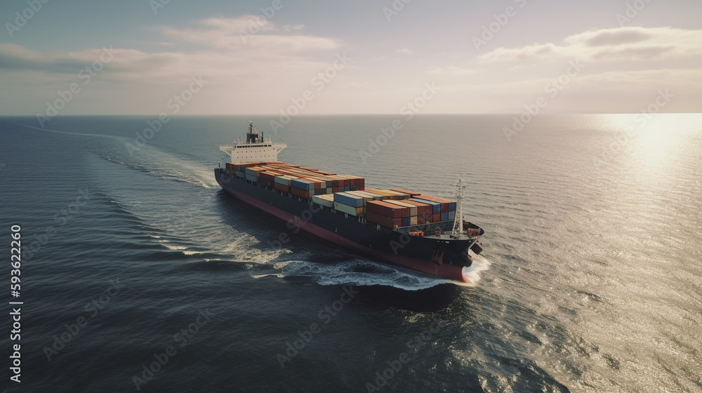 A wide-lens view of a huge shipping cargo ship in the open sea. The ship is carrying a commercial container to a predetermined destination. The ocean looks calm and the weather is good