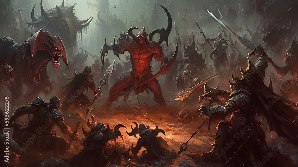epic fight between demons created with Generative AI technology Stock