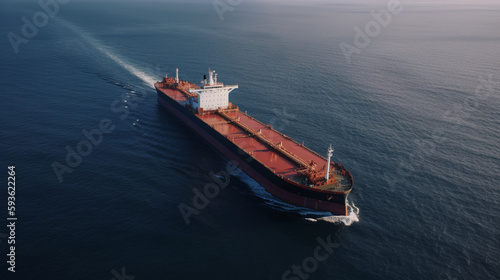 A wide-lens view of a huge shipping cargo ship in the open sea. The ship is carrying a commercial container to a predetermined destination. The ocean looks calm and the weather is good
