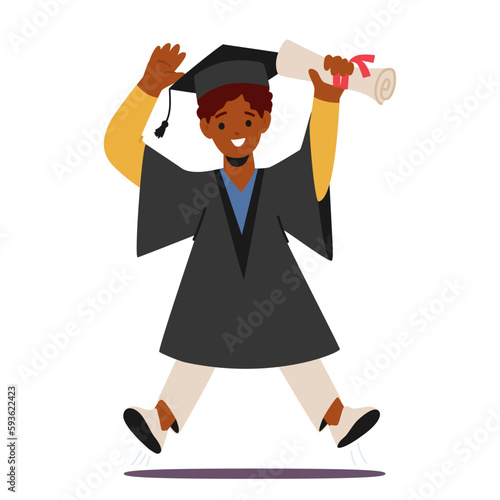 Graduate Kid Character wear Academic Cap and Gown, Feeling Accomplished And Excited For The Future with Diploma