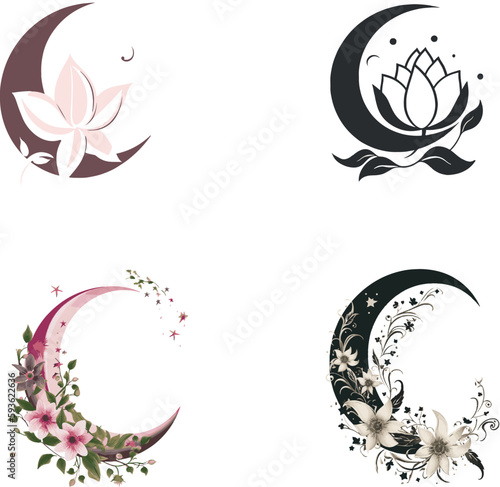 crescent moon with lotus flowers vector set of 4
