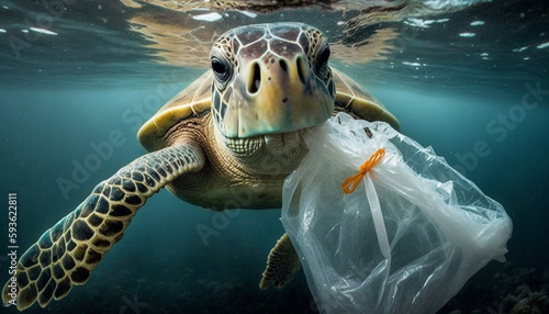 Plastic Pollution In Ocean - Turtle Eat Plastic Bag - Environmental Problem  photo