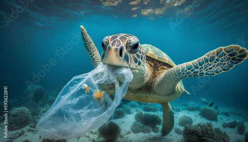 Plastic Pollution In Ocean - Turtle Eat Plastic Bag - Environmental Problem 
