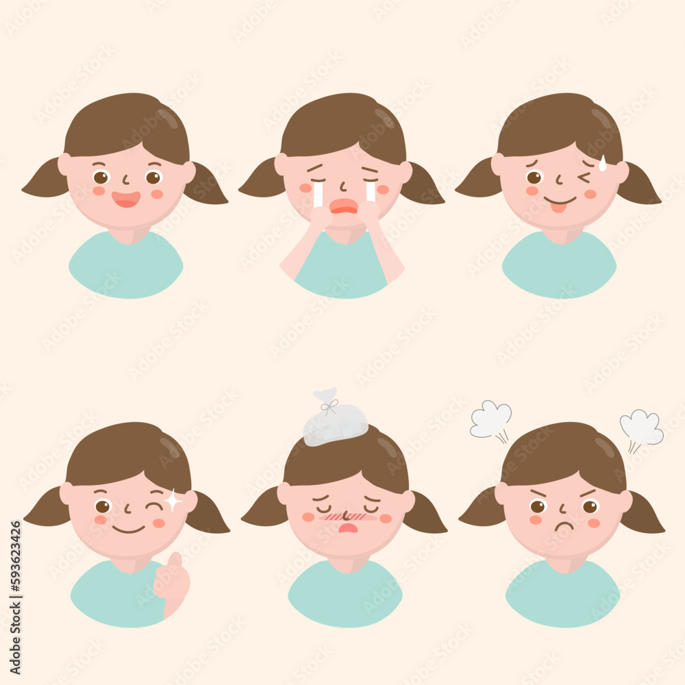 Female in diffetent emotions. expression flat vector illustration Female in diffetent emotions. expression flat vector illustration