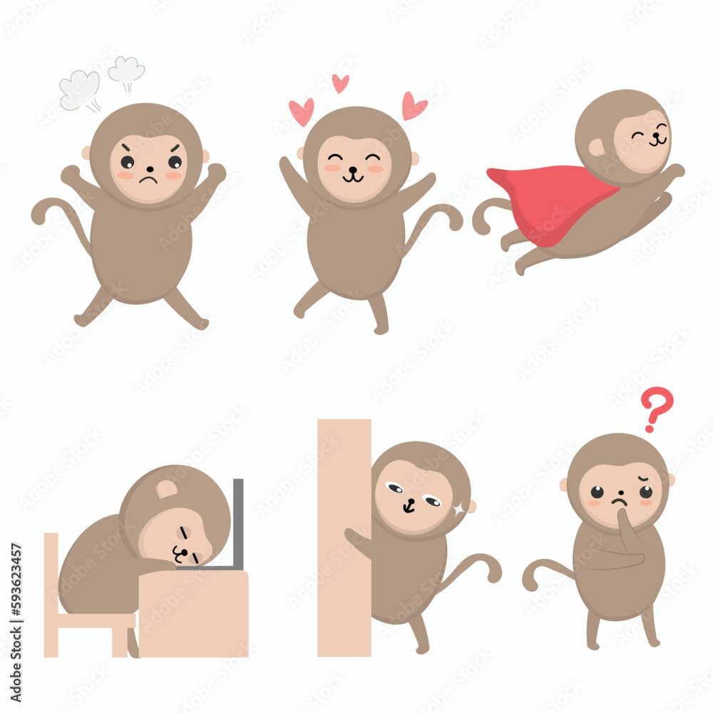 Monkey in diffetent animal emotions. expression flat vector illustration Monkey in diffetent animal emotions. expression flat vector illustration