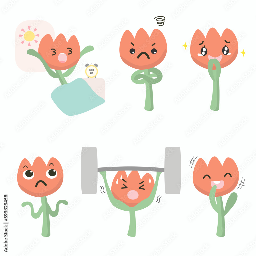 Tulip character in diffetent emotions. expression flat vector illustration