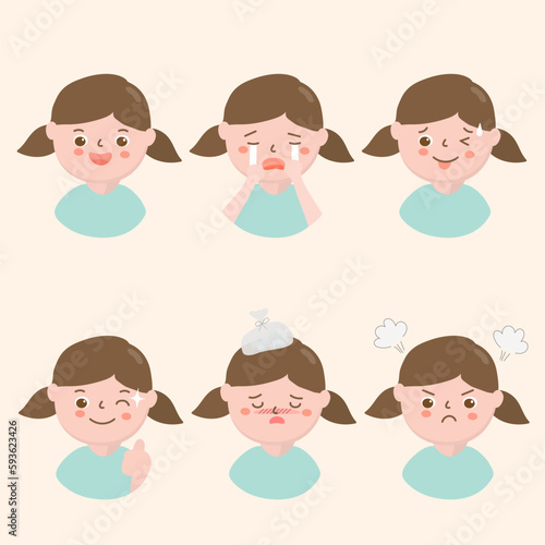 Female in diffetent emotions. expression flat vector illustration