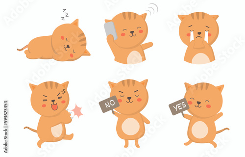 Fototapeta Naklejka Na Ścianę i Meble -  Cat in diffetent animal emotions. expression flat vector illustration