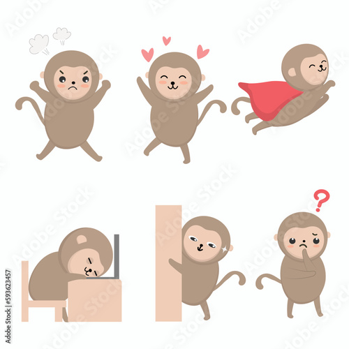 Monkey in diffetent animal emotions. expression flat vector illustration