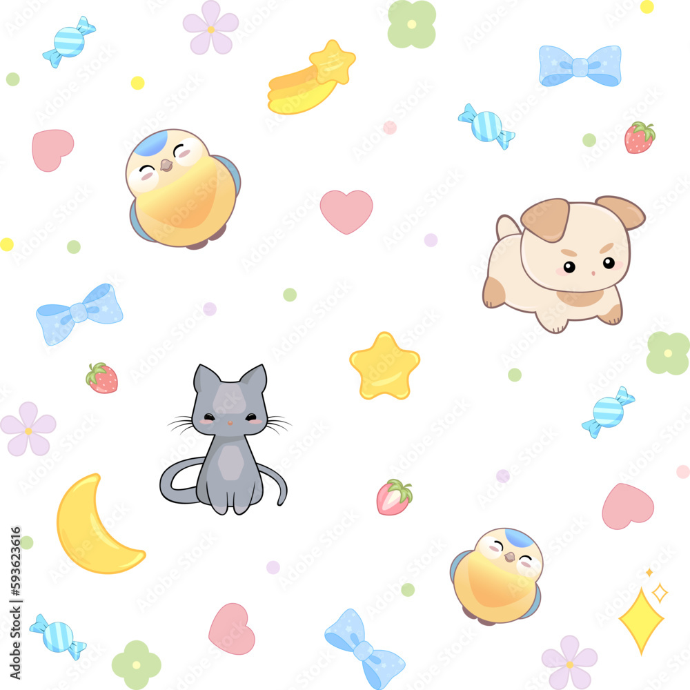 Funny, kawaii, cute background with cat, dog, puppy, bird, candy, moon and stars, pink heart and sweet strawberry children's pattern for fabric, postcard, party, holiday