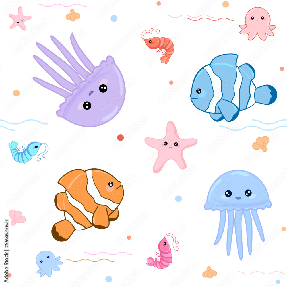 Funny, kawaii, cute background with cute clown fish, jellyfish, funny shrimp and round octopus children's pattern for fabric, postcard, party, holiday Funny, kawaii, cute background with cute clown fish, jellyfish, funny shrimp and round octopus children's pattern for fabric, postcard, party, holiday