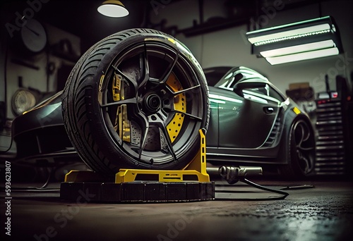  Tire clamped with aligner undergoing auto wheel alignment 