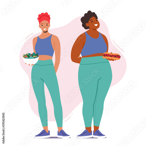Slim Woman Hold Healthy Salad, Radiating Good Health And Fitness, While A Heavyset Woman Hold Fast Food