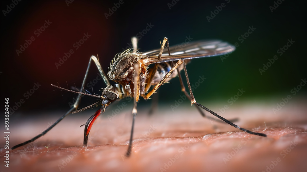 Mosquito close-up sits on human body and drinking blood generative AI Mosquito close-up sits on human body and drinking blood generative AI