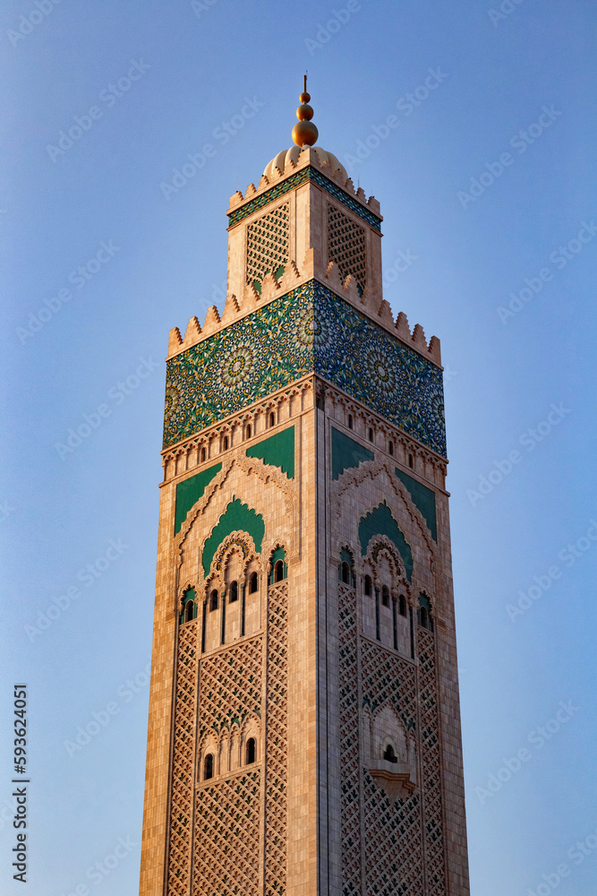 View of the minaret details of the Hassan II Mosque in Casablanca. It is largest mosque in Morocco and the one of the largest in the world.