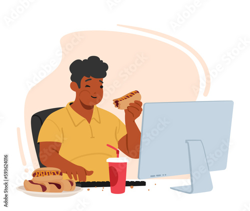 Man Character With An Obsessive Eating Disorder Sit at Desk Struggle With His Weight, Overindulging In Unhealthy Foods