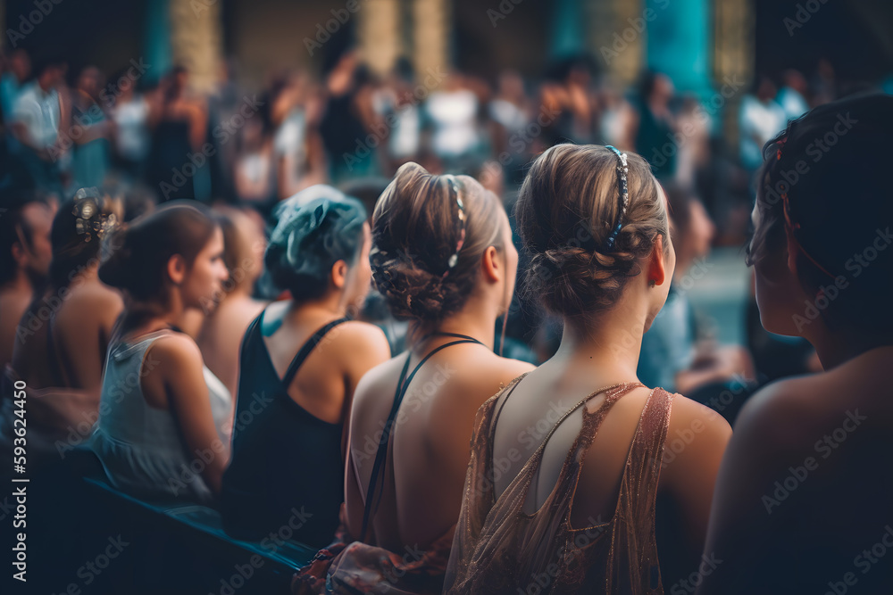 Obraz premium Girls in classic clothes in beautiful dresses with gentlemen are sitting on the seats in the hall in the theater watching the performance on stage. Generative AI.
