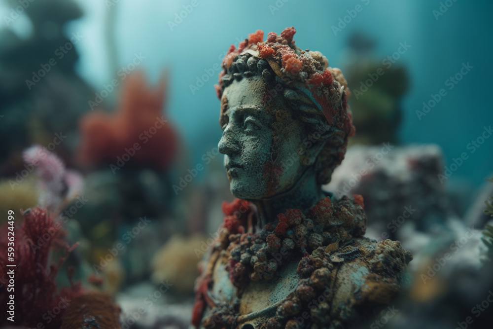 Coral-Encrusted Ancient Sculpture Head in Underwater Setting Coral-Encrusted Ancient Sculpture Head in Underwater Setting