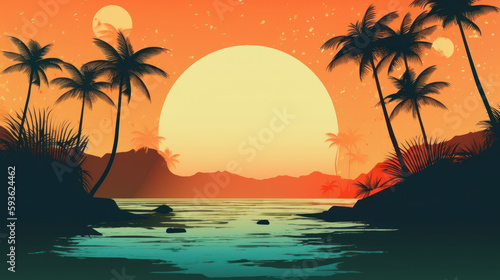 Drawing minimal tropical beach background. Retro tone color style. Summer holiday and travel vacation concept. Generative ai.