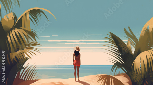 Drawing minimal tropical beach background. Retro tone color style. Summer holiday and travel vacation concept. Generative ai.