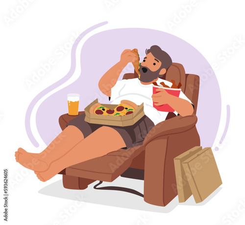 Man Character With Obsessive Eating Is Depicted Lying On Armchair, Consuming Excessive Amounts Of Fast Food
