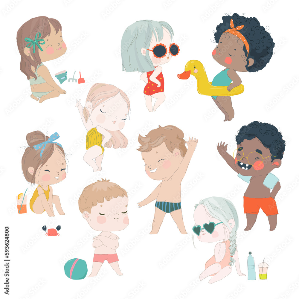 Set of Summer Scenes with Children. Vacation at Sea. Children swim with Inflatable Ring, swimming Mask and Flippers, sunbathe on the Beach, build Sand Castle. Funny Cartoon Character