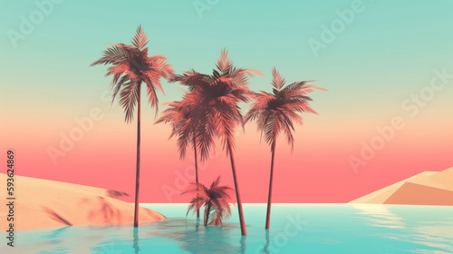 Drawing minimal tropical beach background. Retro tone color style. Summer holiday and travel vacation concept. Generative ai. © tonktiti