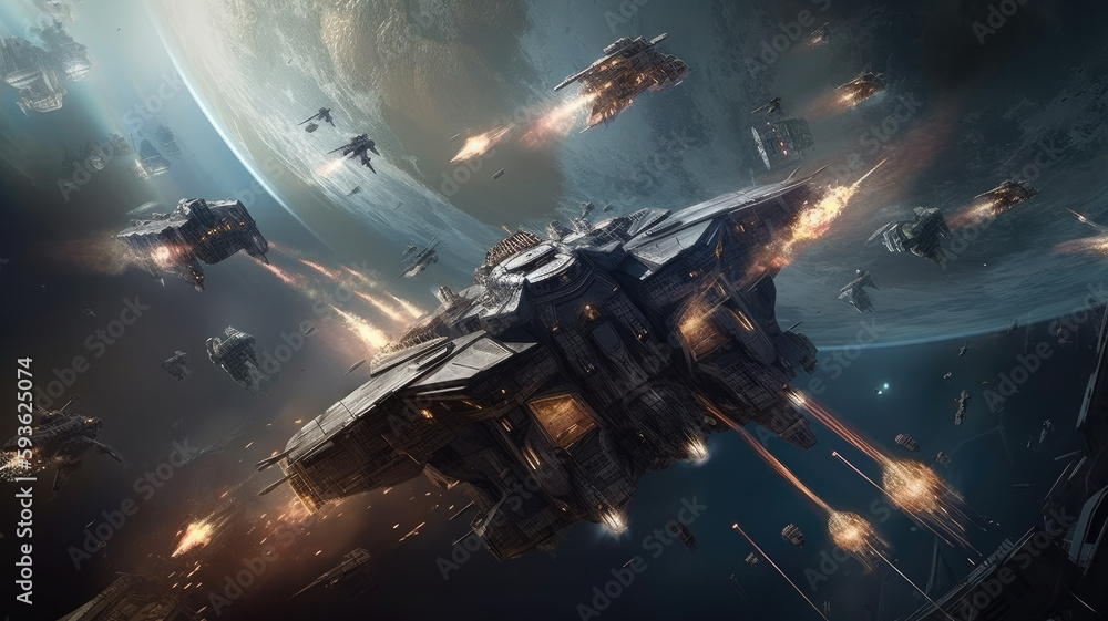Naklejka premium spaceships in a battle in space created with Generative AI technology