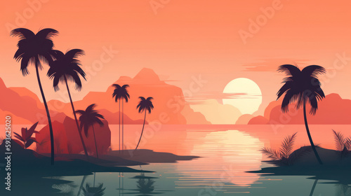 Drawing minimal tropical beach background. Retro tone color style. Summer holiday and travel vacation concept. Generative ai. © tonktiti