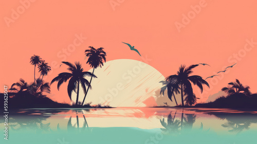 Drawing minimal tropical beach background. Retro tone color style. Summer holiday and travel vacation concept. Generative ai. © tonktiti