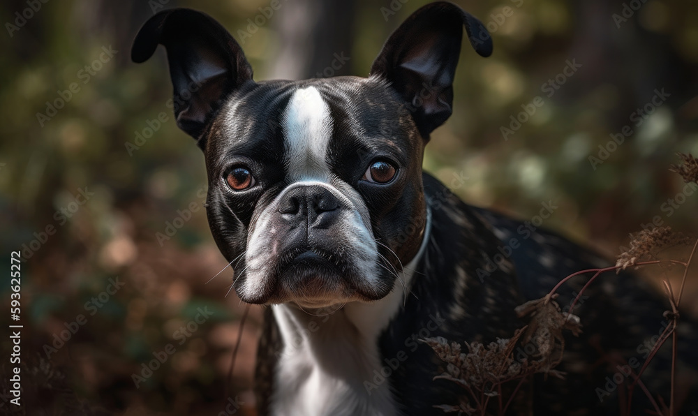 close up photo of Boston Terrier on blurry forest background. Generative AI