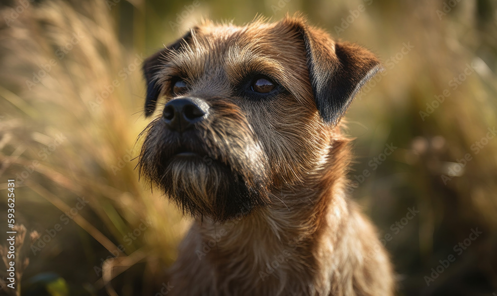 Photo of border terrier in a grassy meadow, with its fur blowing gently in the breeze during sunset. Generative AI